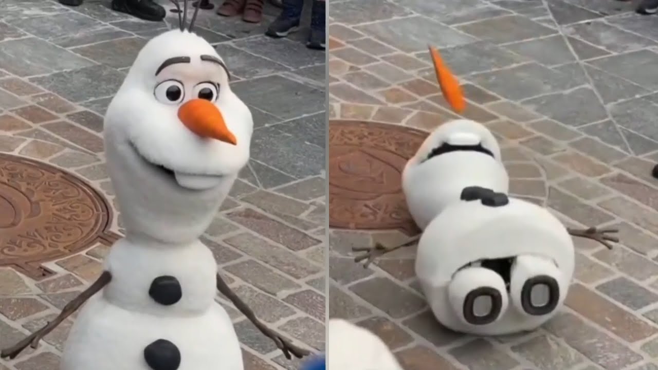 Olaf Rearranges Crowds scream as animatronic Olaf hilariously collapses in front of ...